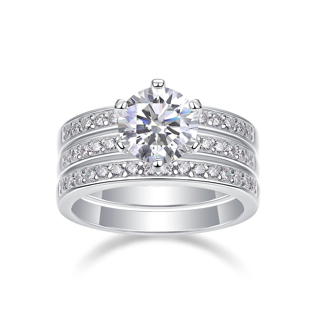Charmsolo 2Ct Moissanite 3-Piece Bridal Ring Set | S925 Silver 18K White Gold | VVS1 D Color 8mm Tassel Pavé Stacking Wedding | R13096