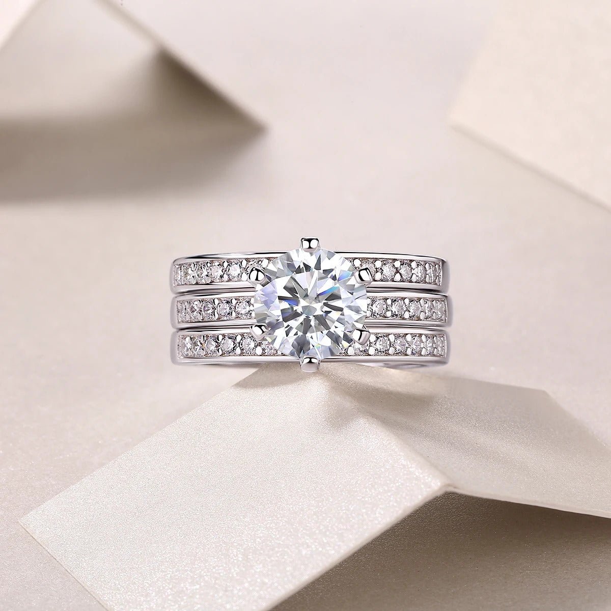 Charmsolo 2Ct Moissanite 3-Piece Bridal Ring Set | S925 Silver 18K White Gold | VVS1 D Color 8mm Tassel Pavé Stacking Wedding | R13096