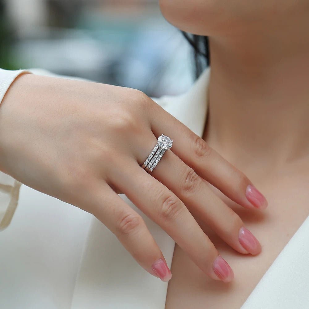 Charmsolo 2Ct Moissanite 3-Piece Ring Set | S925 Silver 18K Plated | VVS1 D Color 8mm Round Cut Eternity Wedding Band | R13772