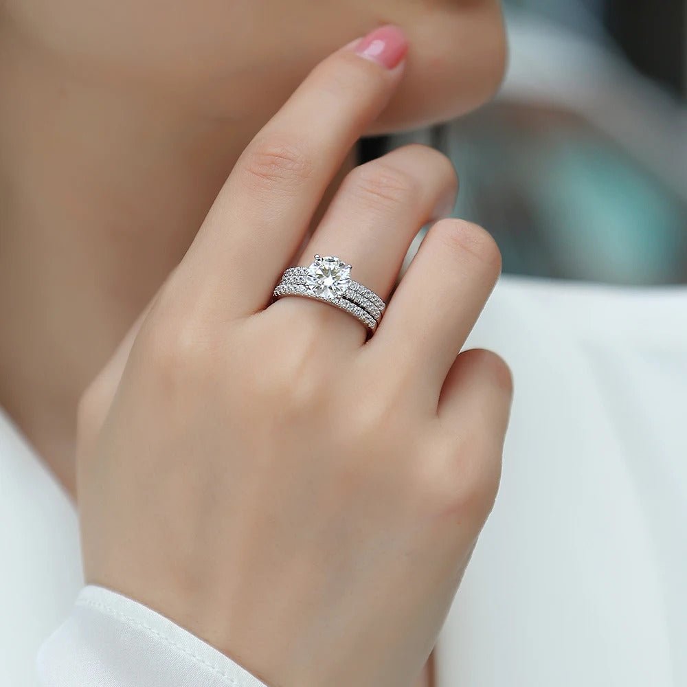 Charmsolo 2Ct Moissanite 3-Piece Ring Set | S925 Silver 18K Plated | VVS1 D Color 8mm Round Cut Eternity Wedding Band | R13772