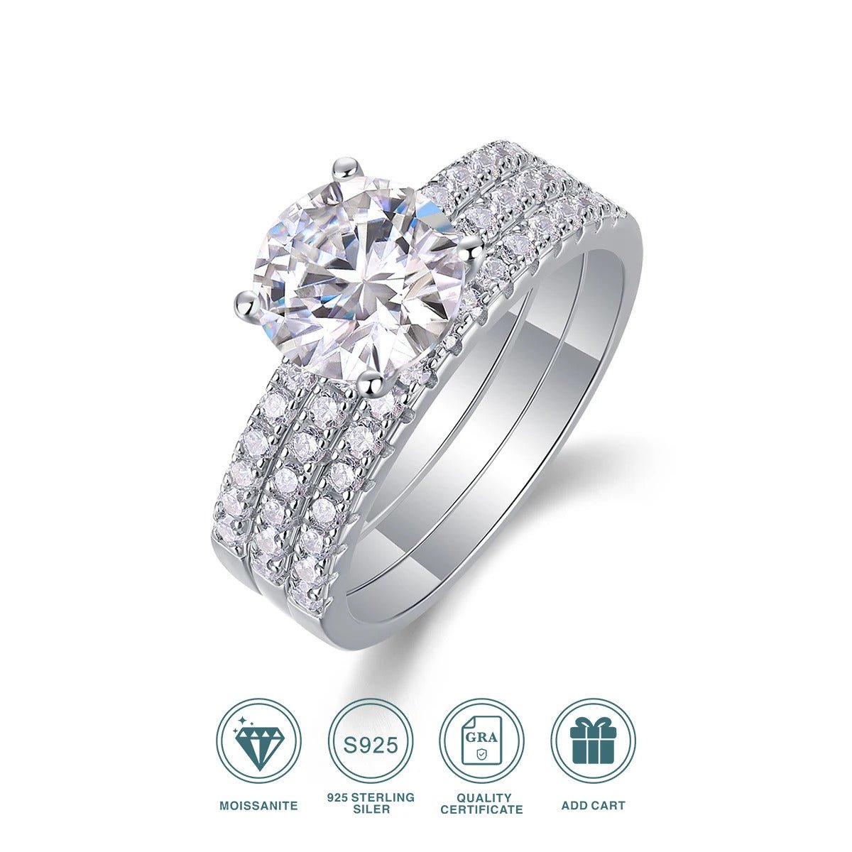 Charmsolo 2Ct Moissanite 3-Piece Ring Set | S925 Silver 18K Plated | VVS1 D Color 8mm Round Cut Eternity Wedding Band | R13772