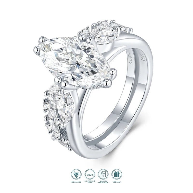 Charmsolo 3Ct Marquise Moissanite Double Band Ring Set | S925 Silver | VVS1 D Color 7×14mm 94-Stone Side Pavé Geometric | R15332
