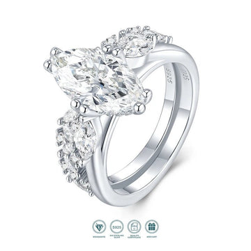 Charmsolo 3Ct Marquise Moissanite Double Band Ring Set | S925 Silver | VVS1 D Color 7×14mm 94-Stone Side Pavé Geometric | R15332