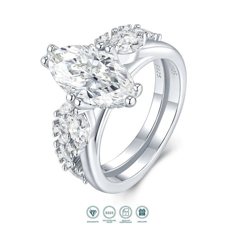 Charmsolo 3Ct Marquise Moissanite Double Band Ring Set | S925 Silver | VVS1 D Color 7×14mm 94-Stone Side Pavé Geometric | R15332