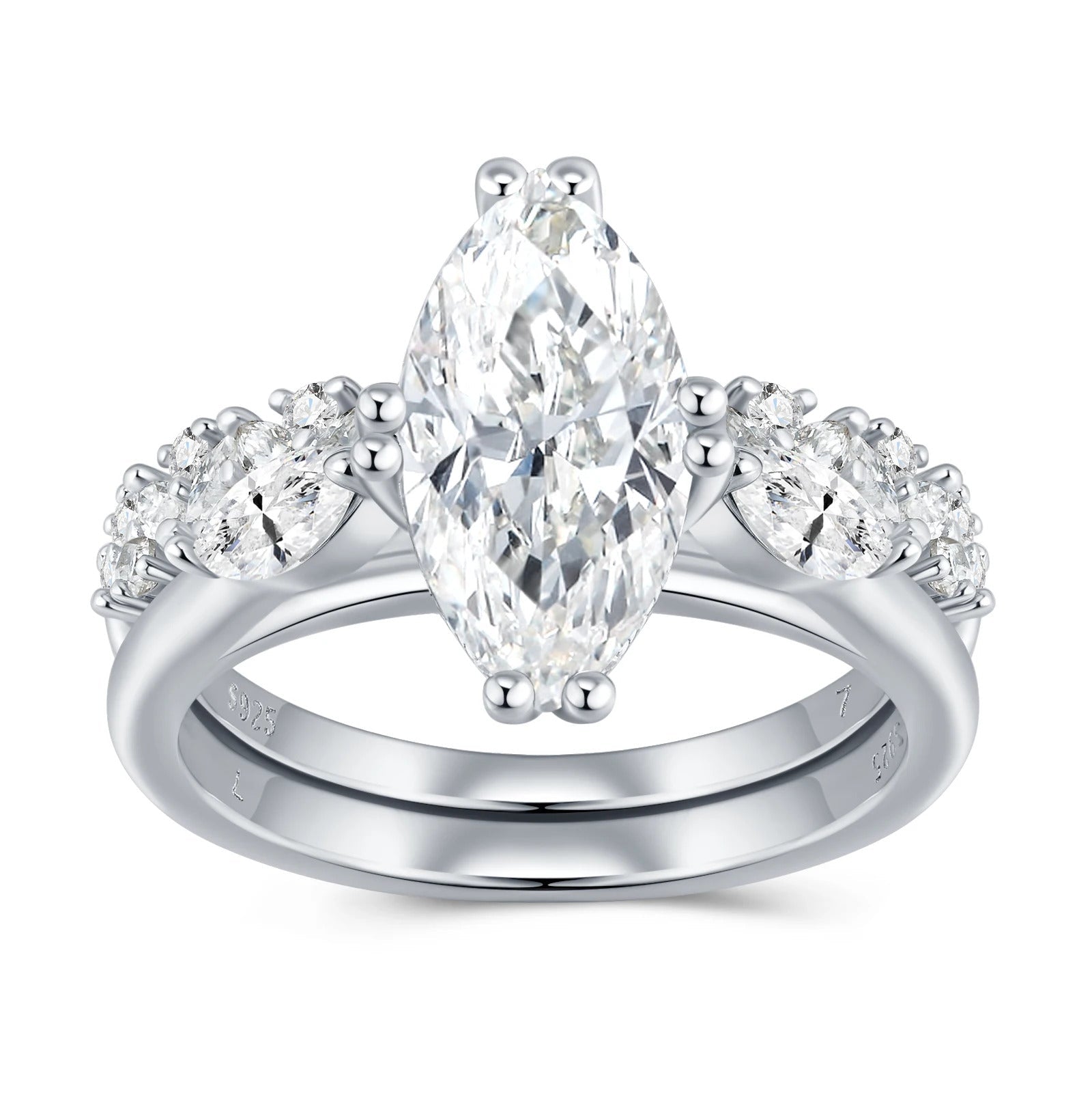 Charmsolo 3Ct Marquise Moissanite Double Band Ring Set | S925 Silver | VVS1 D Color 7×14mm 94-Stone Side Pavé Geometric | R15332