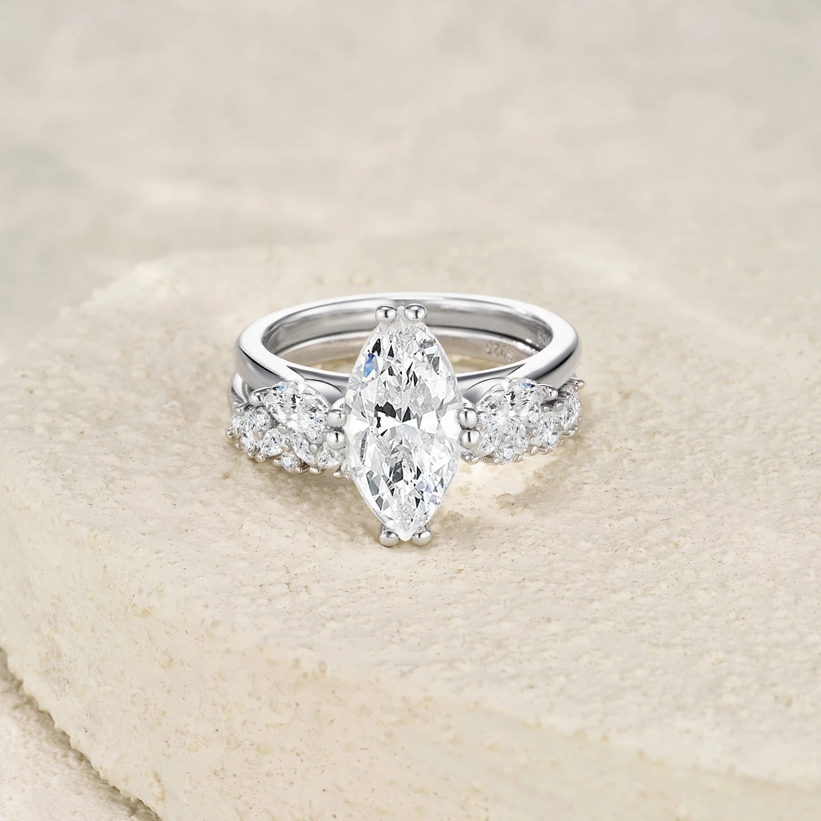 Charmsolo 3Ct Marquise Moissanite Double Band Ring Set | S925 Silver | VVS1 D Color 7×14mm 94-Stone Side Pavé Geometric | R15332