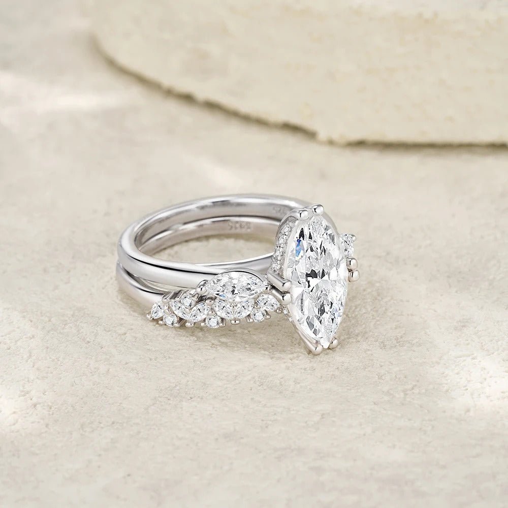 Charmsolo 3Ct Marquise Moissanite Double Band Ring Set | S925 Silver | VVS1 D Color 7×14mm 94-Stone Side Pavé Geometric | R15332