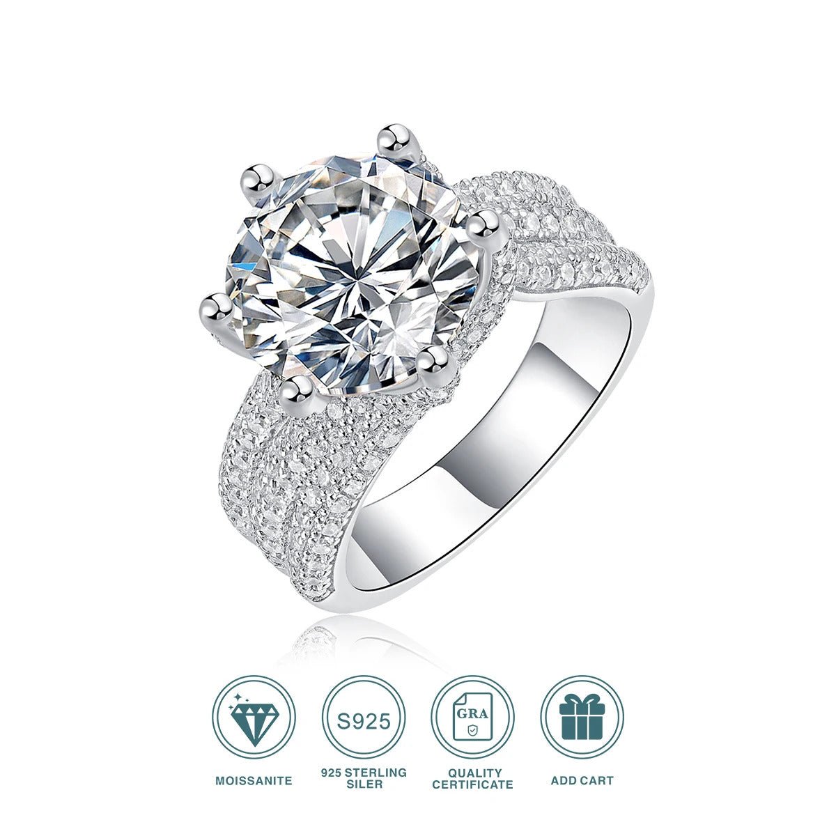 Charmsolo 5Ct Moissanite Solitaire Ring | S925 Silver 18K Plated | VVS1 D Color 11mm 8H8A Cut 108-Stone Pavé Band | R12686