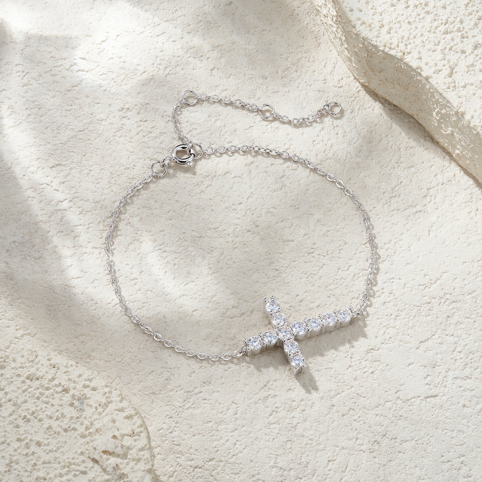 Charmsolo 925 Sterling Silver Cross Bracelet with Moissanite – 18K White Gold Plated | L17246