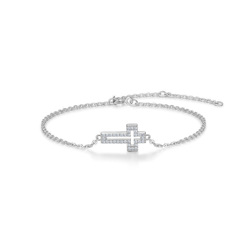 Charmsolo 925 Sterling Silver Cross Bracelet with Moissanite – 18K White Gold Plated | L17246