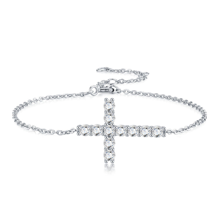 Charmsolo 925 Sterling Silver Cross Bracelet with Moissanite – 18K White Gold Plated | L17246 3.0mm*11 grains