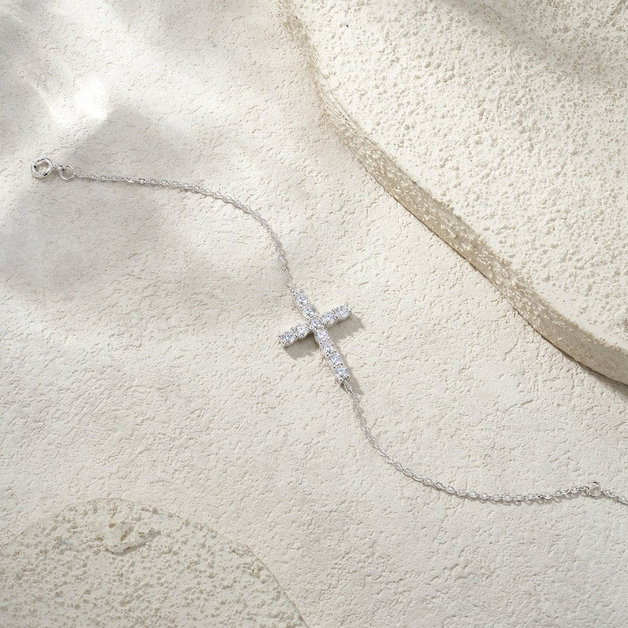 Charmsolo 925 Sterling Silver Cross Bracelet with Moissanite – 18K White Gold Plated | L17246