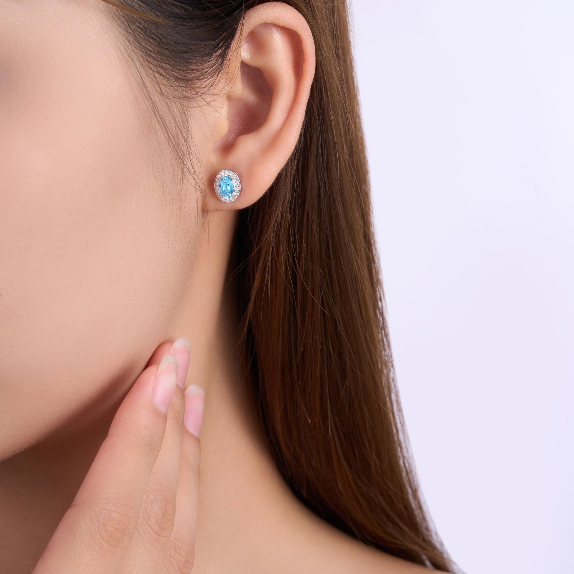 Charmsolo Blue Topaz Moissanite 3-Piece Set | S925 Silver Rhodium Plated | Oval 4×6mm Pavé Halo Stud Earrings Pendant Ring | R15970-TP