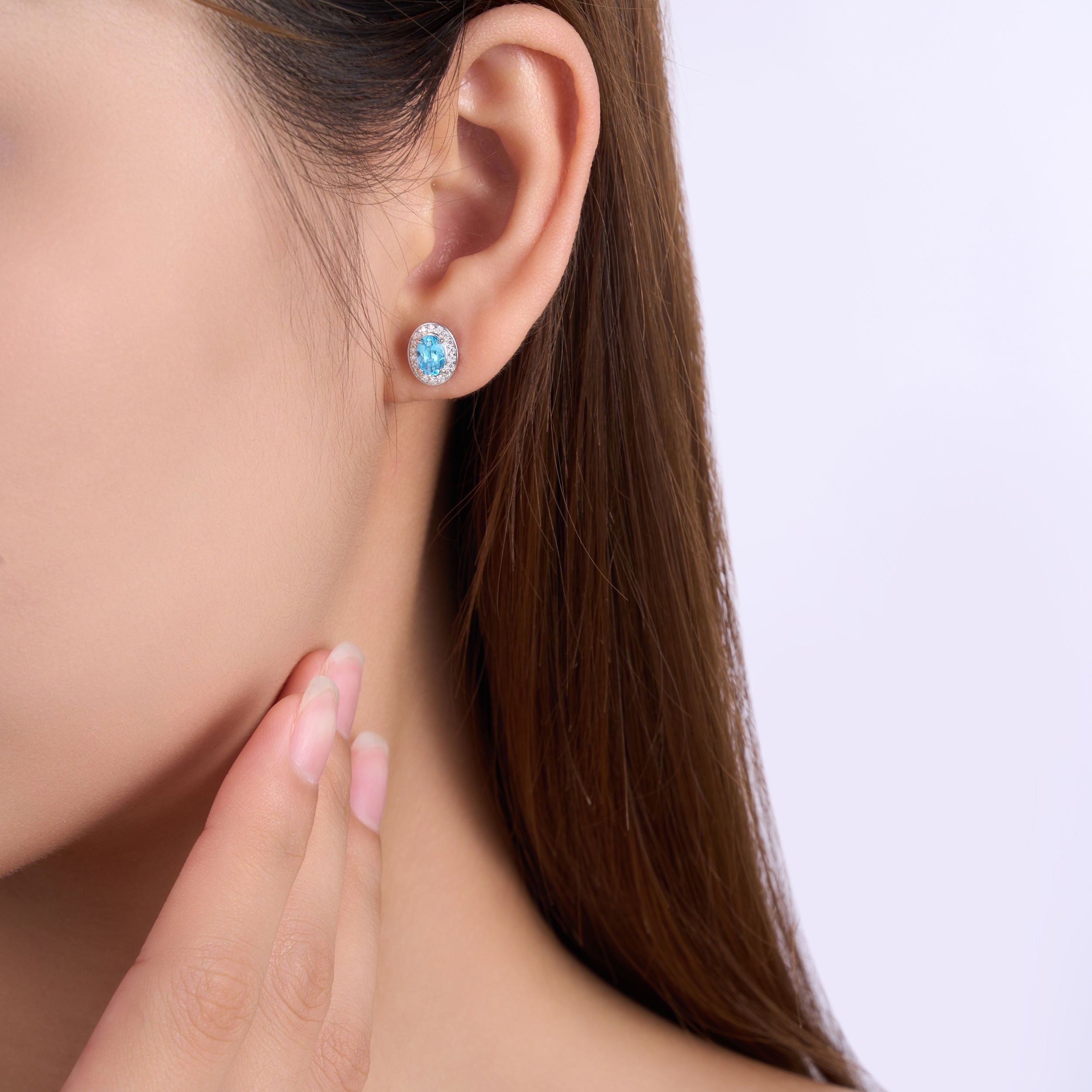 Charmsolo Blue Topaz Moissanite 3-Piece Set | S925 Silver Rhodium Plated | Oval 4×6mm Pavé Halo Stud Earrings Pendant Ring | R15970-TP