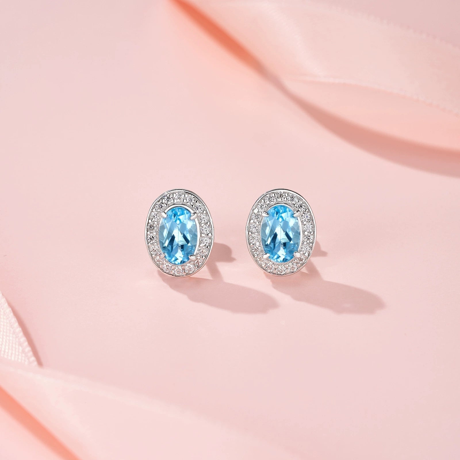 Charmsolo Blue Topaz Moissanite 3-Piece Set | S925 Silver Rhodium Plated | Oval 4×6mm Pavé Halo Stud Earrings Pendant Ring | R15970-TP
