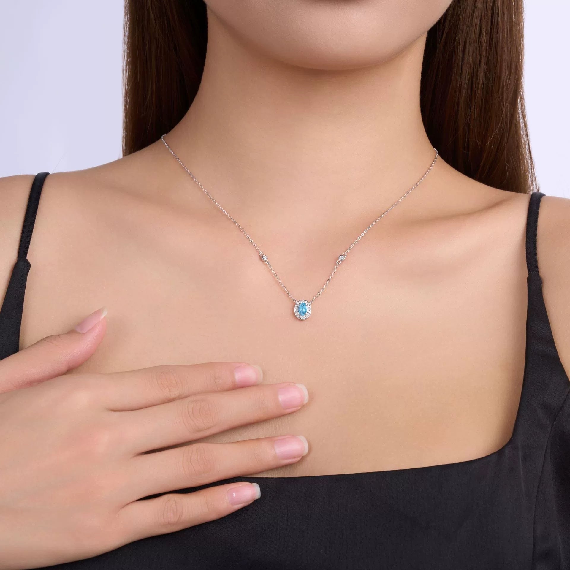 Charmsolo Blue Topaz Moissanite 3-Piece Set | S925 Silver Rhodium Plated | Oval 4×6mm Pavé Halo Stud Earrings Pendant Ring | R15970-TP