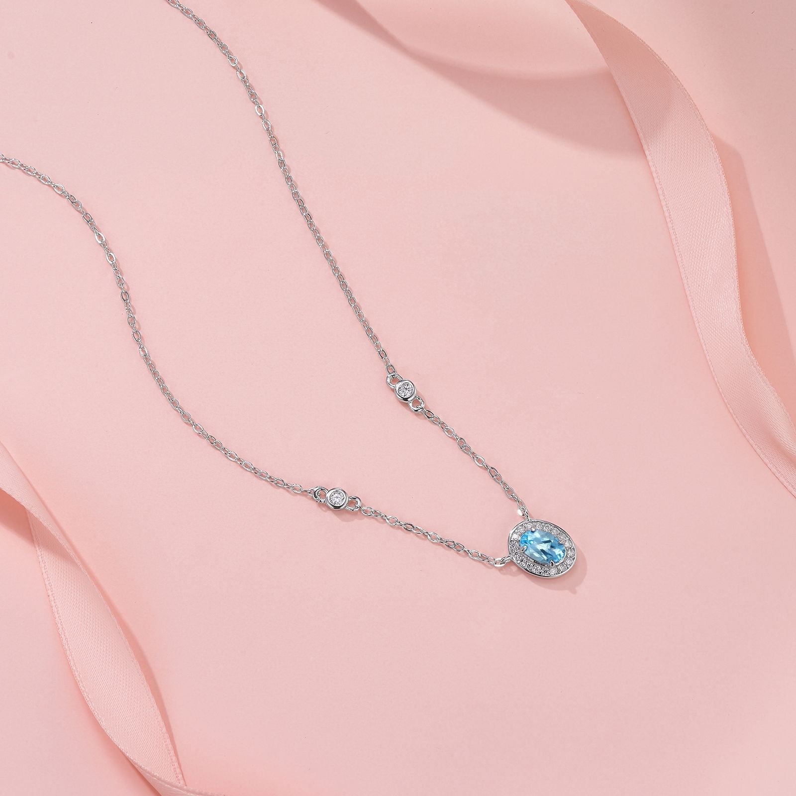 Charmsolo Blue Topaz Moissanite 3-Piece Set | S925 Silver Rhodium Plated | Oval 4×6mm Pavé Halo Stud Earrings Pendant Ring | R15970-TP