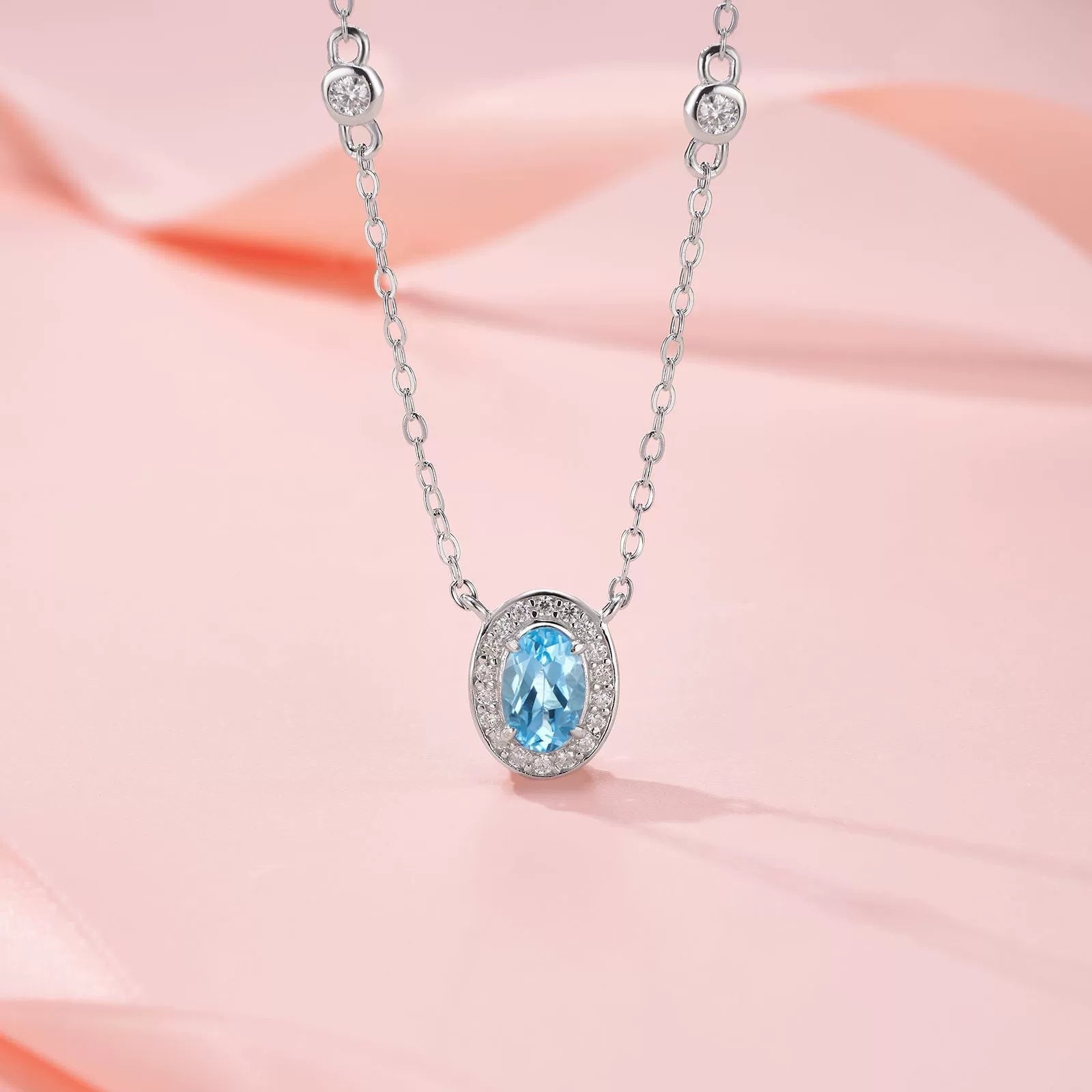 Charmsolo Blue Topaz Moissanite 3-Piece Set | S925 Silver Rhodium Plated | Oval 4×6mm Pavé Halo Stud Earrings Pendant Ring | R15970-TP