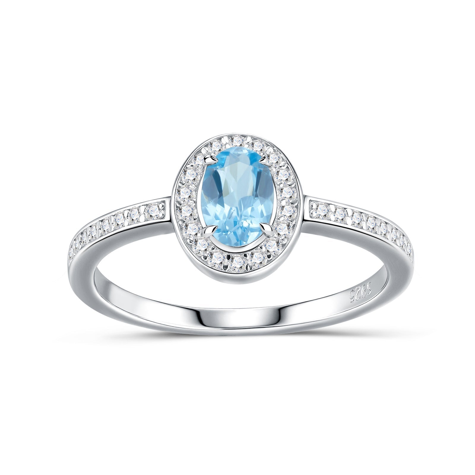 Charmsolo Blue Topaz Moissanite 3-Piece Set | S925 Silver Rhodium Plated | Oval 4×6mm Pavé Halo Stud Earrings Pendant Ring | R15970-TP