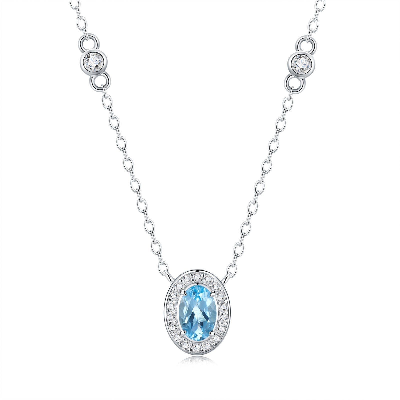Charmsolo Blue Topaz Moissanite 3-Piece Set | S925 Silver Rhodium Plated | Oval 4×6mm Pavé Halo Stud Earrings Pendant Ring | R15970-TP