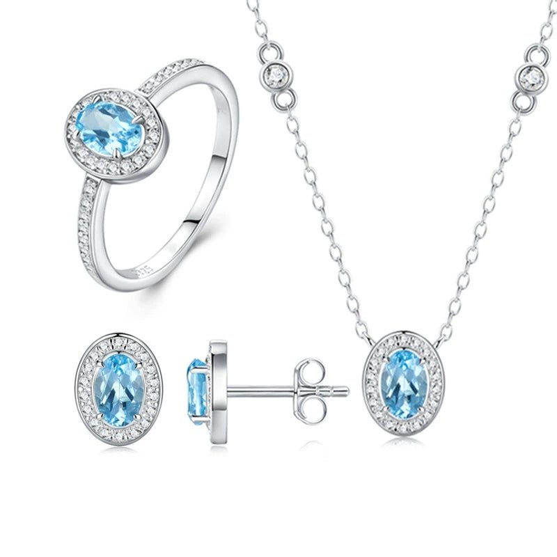 Charmsolo Blue Topaz Moissanite 3-Piece Set | S925 Silver Rhodium Plated | Oval 4×6mm Pavé Halo Stud Earrings Pendant Ring | R15970-TP