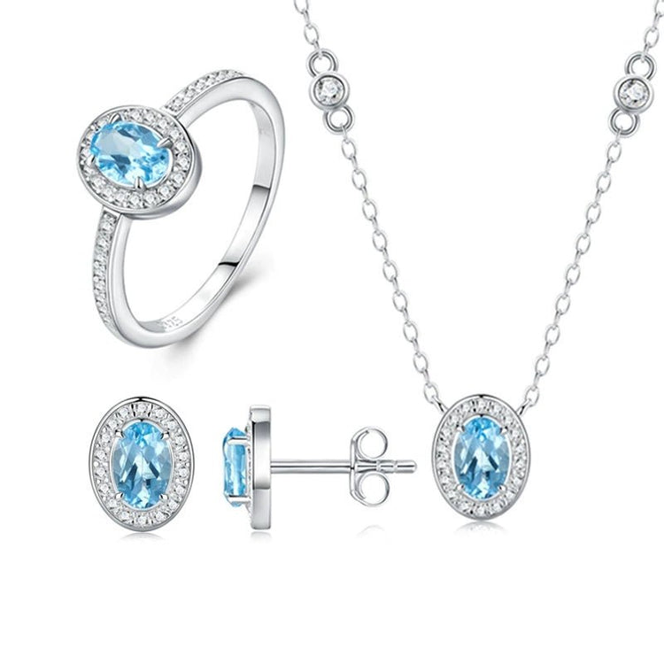 Charmsolo Blue Topaz Moissanite 3-Piece Set | S925 Silver Rhodium Plated | Oval 4×6mm Pavé Halo Stud Earrings Pendant Ring | R15970-TP Blue jewelry set