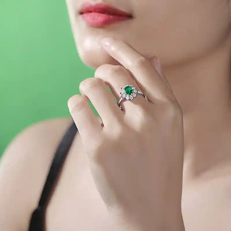 Charmsolo Cultured Emerald Sunflower 3-Piece jewelry Set | S925 Silver 18K White Gold | Oval Emerald Zircon Pavé Earrings Pendant Ring | SE10735