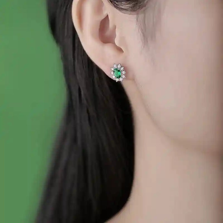 Charmsolo Cultured Emerald Sunflower 3-Piece jewelry Set | S925 Silver 18K White Gold | Oval Emerald Zircon Pavé Earrings Pendant Ring | SE10735