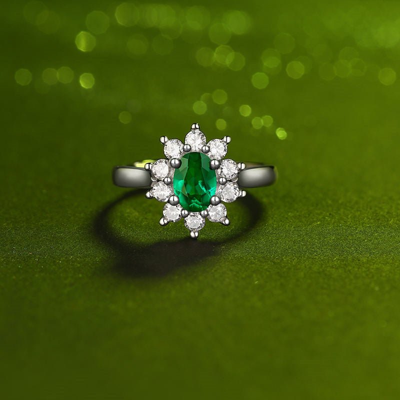 Charmsolo Cultured Emerald Sunflower 3-Piece jewelry Set | S925 Silver 18K White Gold | Oval Emerald Zircon Pavé Earrings Pendant Ring | SE10735