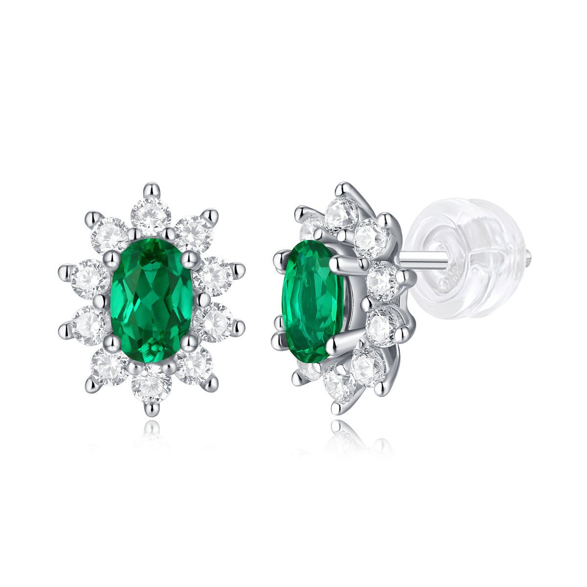 Charmsolo Cultured Emerald Sunflower 3-Piece jewelry Set | S925 Silver 18K White Gold | Oval Emerald Zircon Pavé Earrings Pendant Ring | SE10735