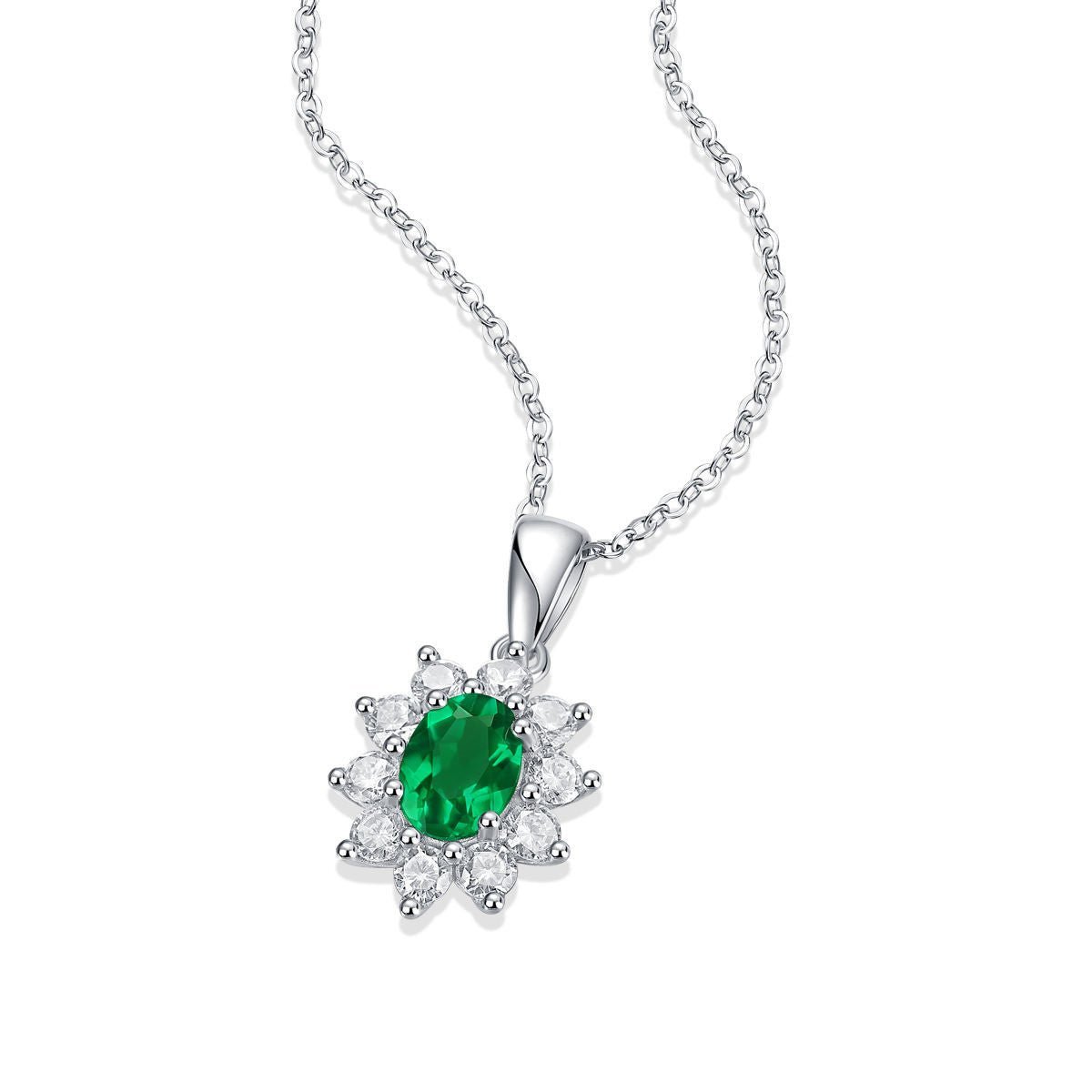 Charmsolo Cultured Emerald Sunflower 3-Piece jewelry Set | S925 Silver 18K White Gold | Oval Emerald Zircon Pavé Earrings Pendant Ring | SE10735