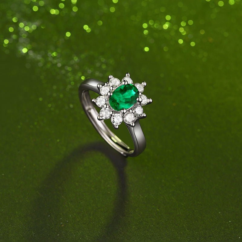 Charmsolo Cultured Emerald Sunflower 3-Piece jewelry Set | S925 Silver 18K White Gold | Oval Emerald Zircon Pavé Earrings Pendant Ring | SE10735
