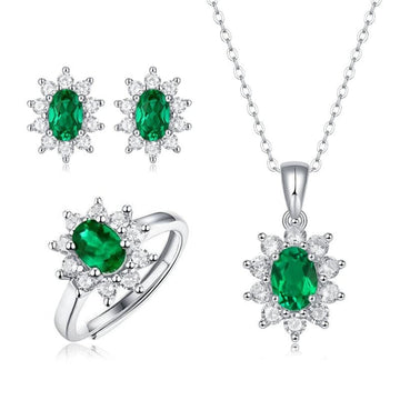 Charmsolo Cultured Emerald Sunflower 3-Piece jewelry Set | S925 Silver 18K White Gold | Oval Emerald Zircon Pavé Earrings Pendant Ring | SE10735