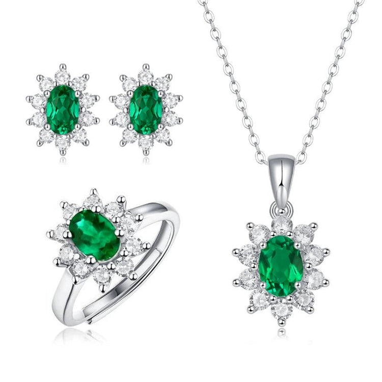 Charmsolo Cultured Emerald Sunflower 3-Piece jewelry Set | S925 Silver 18K White Gold | Oval Emerald Zircon Pavé Earrings Pendant Ring | SE10735 Green jewelry set