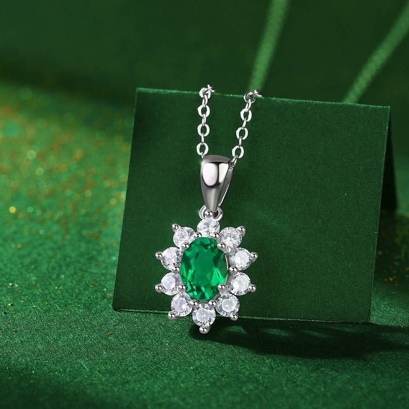 Charmsolo Cultured Emerald Sunflower 3-Piece jewelry Set | S925 Silver 18K White Gold | Oval Emerald Zircon Pavé Earrings Pendant Ring | SE10735