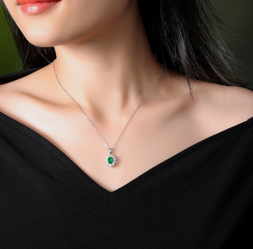 Charmsolo Cultured Emerald Sunflower 3-Piece jewelry Set | S925 Silver 18K White Gold | Oval Emerald Zircon Pavé Earrings Pendant Ring | SE10735