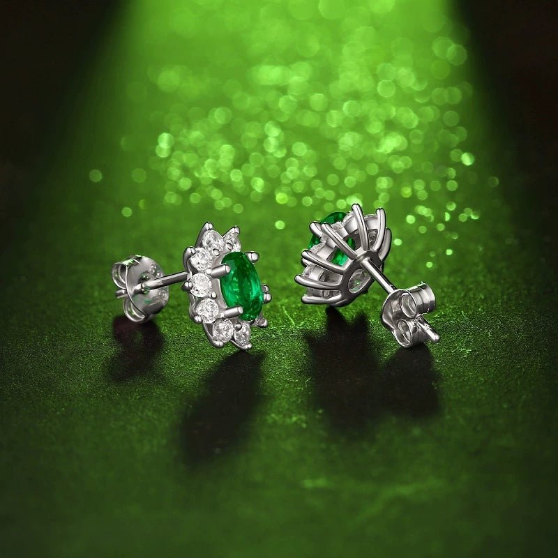Charmsolo Cultured Emerald Sunflower 3-Piece jewelry Set | S925 Silver 18K White Gold | Oval Emerald Zircon Pavé Earrings Pendant Ring | SE10735
