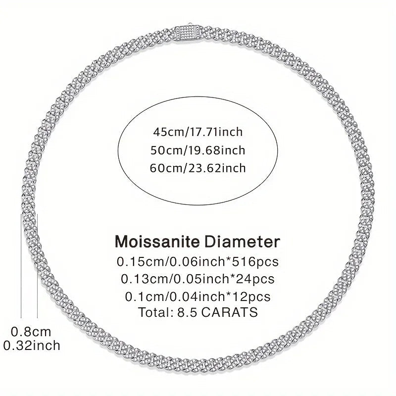 Charmsolo Full Moissanite Cuban Chain Necklace | S925 Silver | VVS1 D Color 8H8A Cut 552-Stone Unisex Hip Hop Luxury | N12763