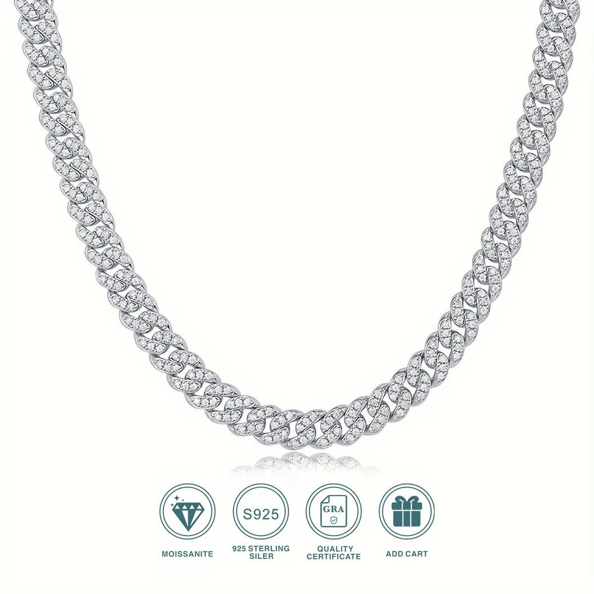 Charmsolo Full Moissanite Cuban Chain Necklace | S925 Silver | VVS1 D Color 8H8A Cut 552-Stone Unisex Hip Hop Luxury | N12763