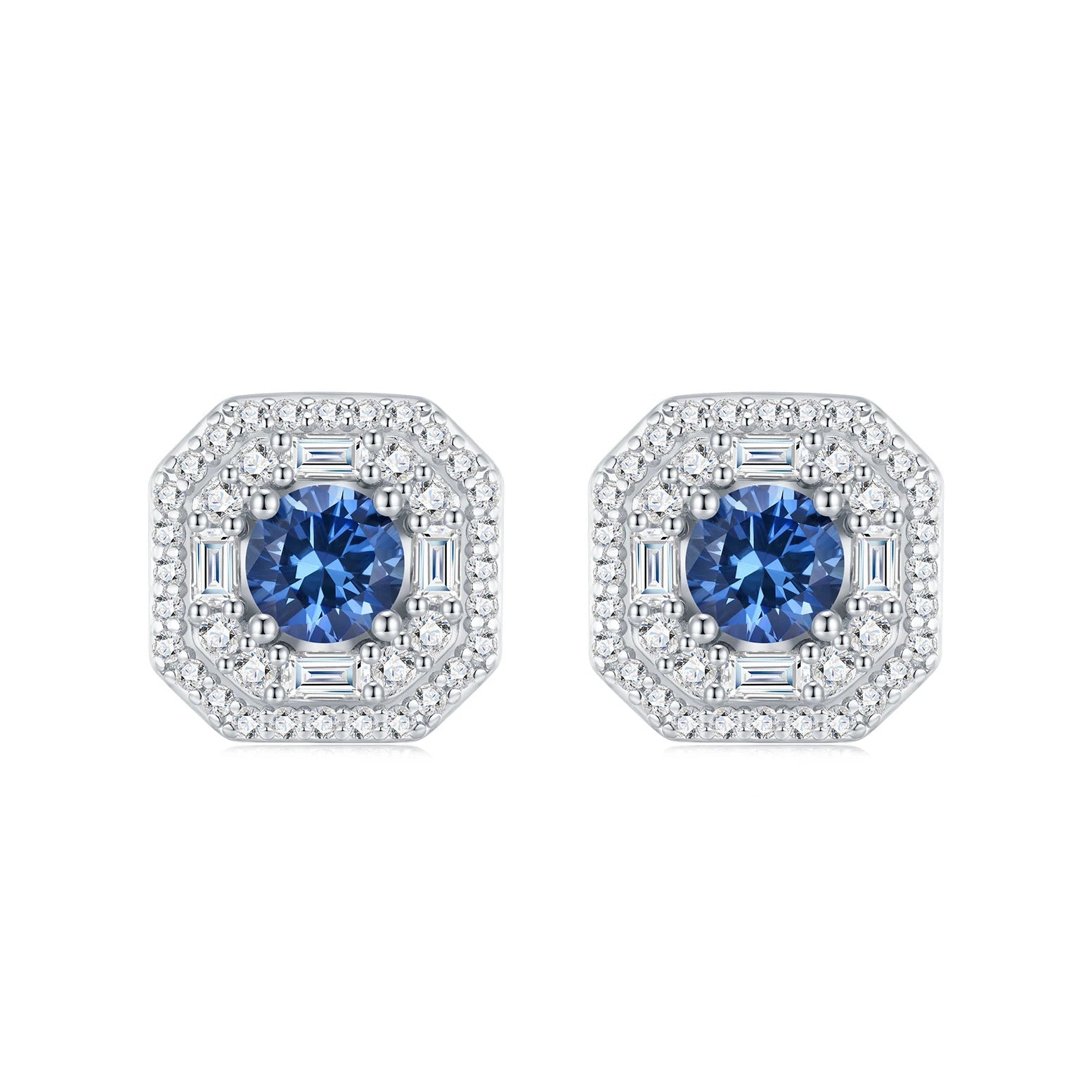 Charmsolo Lab Blue Sapphire Halo Stud Earrings | S925 Silver 18K Gold Plated | Baguette Zircon Halo | E13514-SP