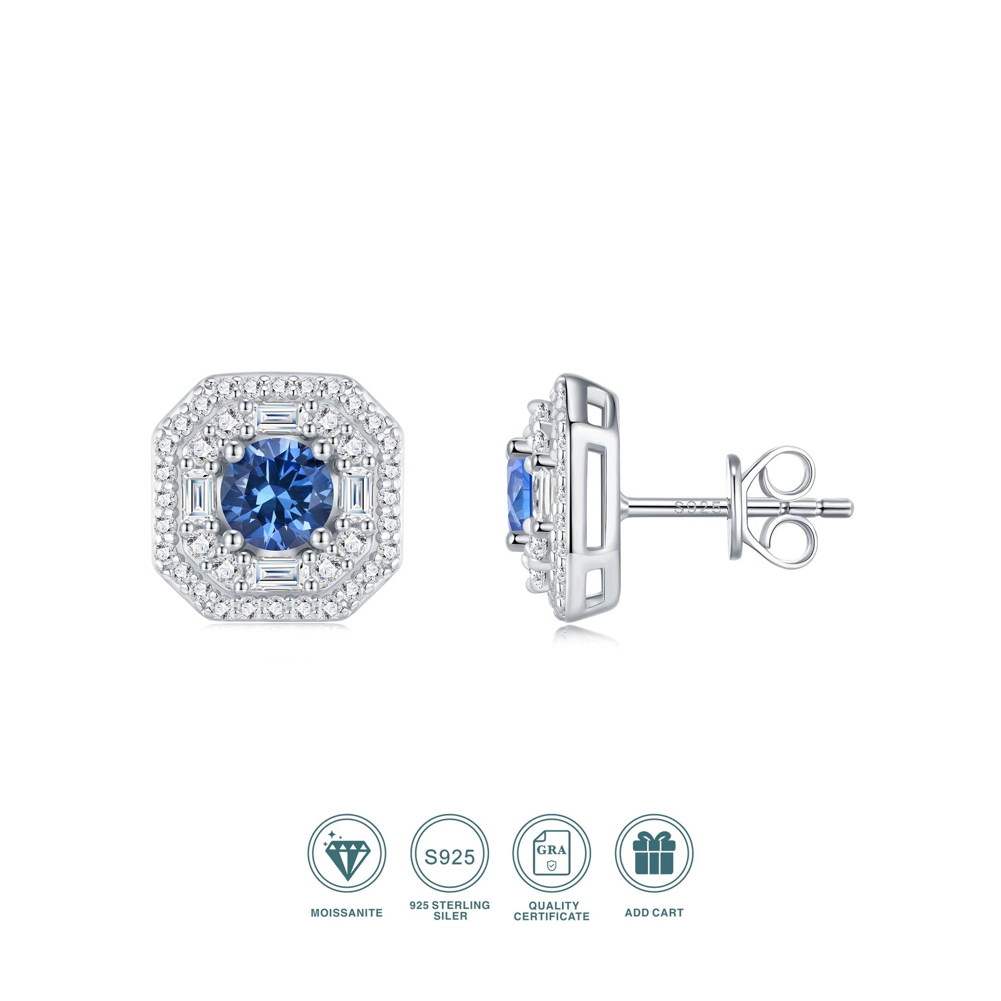 Charmsolo Lab Blue Sapphire Halo Stud Earrings | S925 Silver 18K Gold Plated | Baguette Zircon Halo | E13514-SP