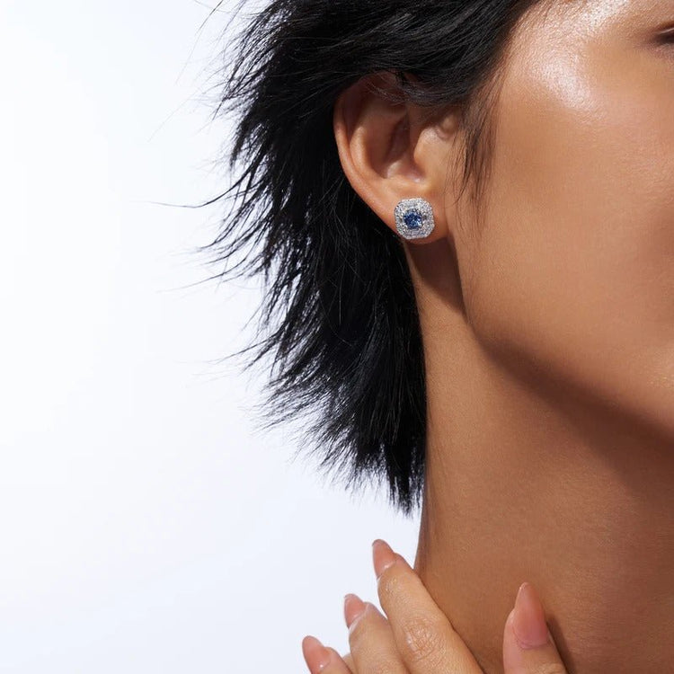 Charmsolo Lab Blue Sapphire Halo Stud Earrings | S925 Silver 18K Gold Plated | Baguette Zircon Halo | E13514-SP