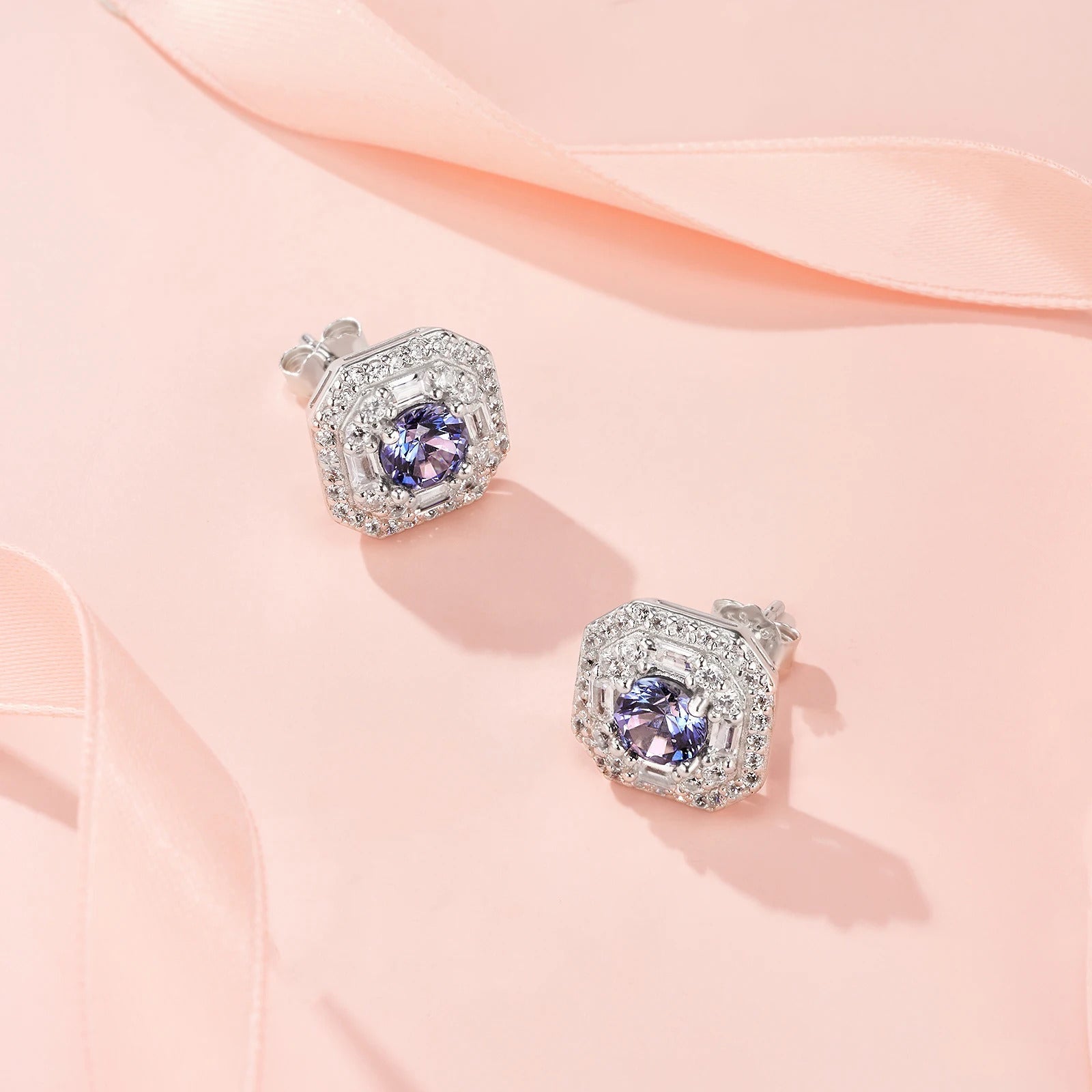 Charmsolo Lab Blue Sapphire Halo Stud Earrings | S925 Silver 18K Gold Plated | Baguette Zircon Halo | E13514-SP