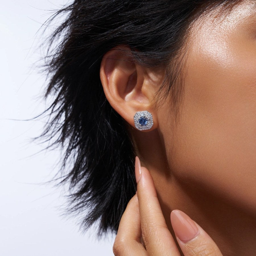 Charmsolo Lab Blue Sapphire Halo Stud Earrings | S925 Silver 18K Gold Plated | Baguette Zircon Halo | E13514-SP