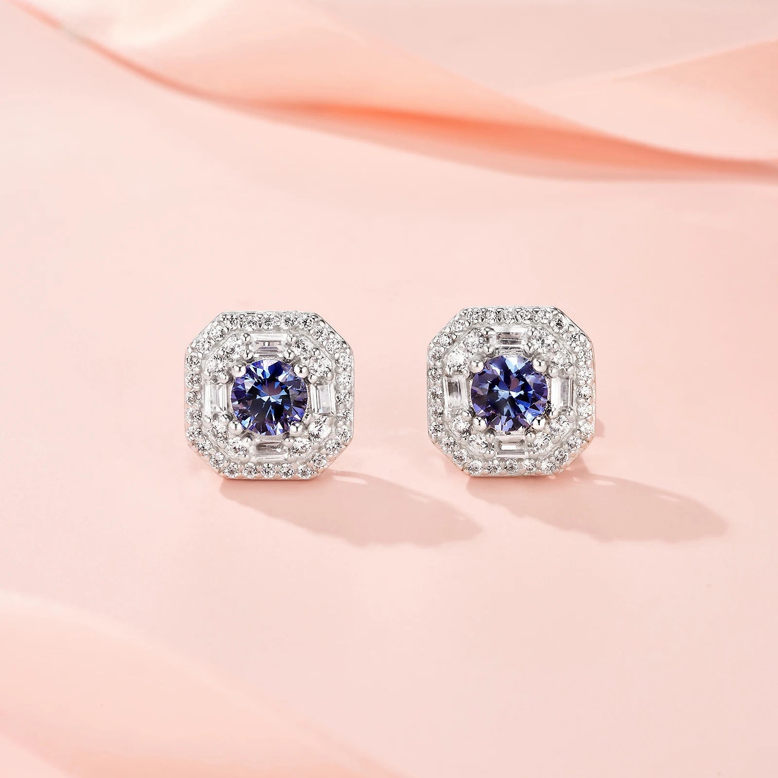 Charmsolo Lab Blue Sapphire Halo Stud Earrings | S925 Silver 18K Gold Plated | Baguette Zircon Halo | E13514-SP