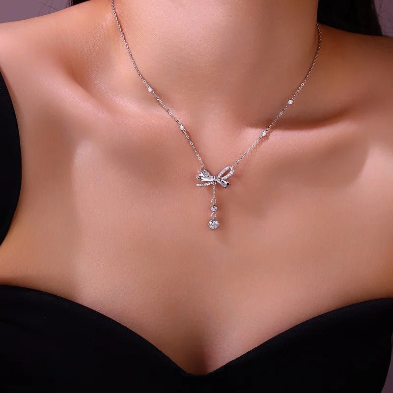 Charmsolo Moissanite Bowknot Teardrop Pendant Necklace | S925 Silver 18K Gold Plated | VVS1 D Color 38-Stone | N15449