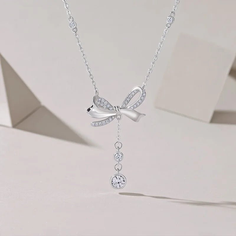 Charmsolo Moissanite Bowknot Teardrop Pendant Necklace | S925 Silver 18K Gold Plated | VVS1 D Color 38-Stone | N15449