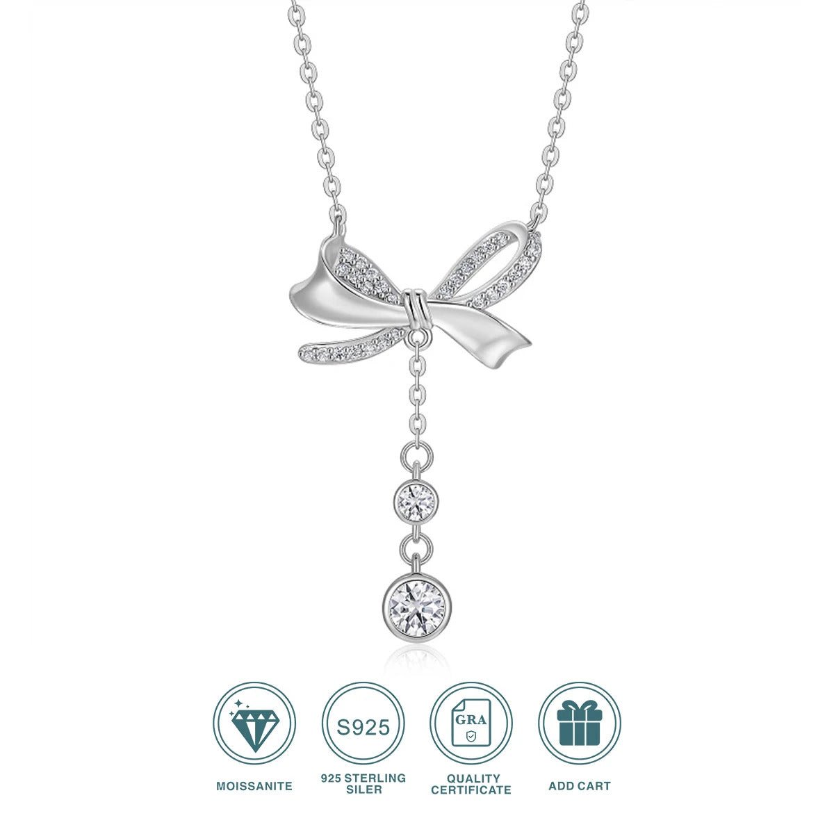 Charmsolo Moissanite Bowknot Teardrop Pendant Necklace | S925 Silver 18K Gold Plated | VVS1 D Color 38-Stone | N15449