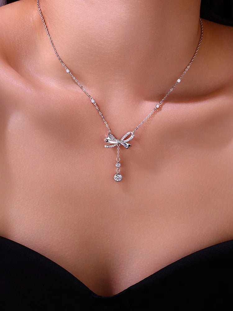 Charmsolo Moissanite Bowknot Teardrop Pendant Necklace | S925 Silver 18K Gold Plated | VVS1 D Color 38-Stone | N15449