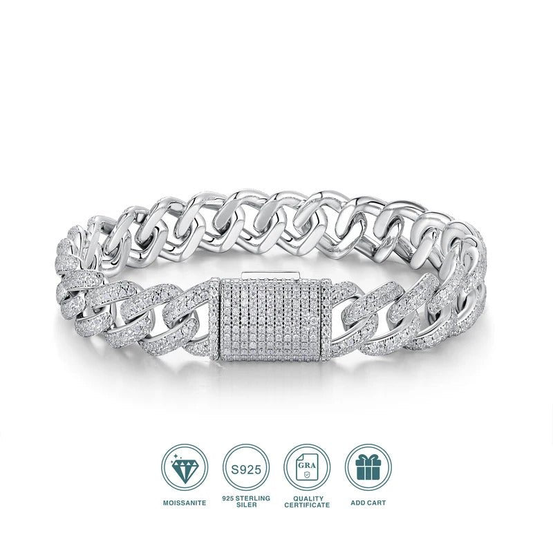 Charmsolo Moissanite Cuban Link Bracelet | S925 Silver | VVS1 D Color | 8-Heart 8-Arrow Cut | GRA Certified